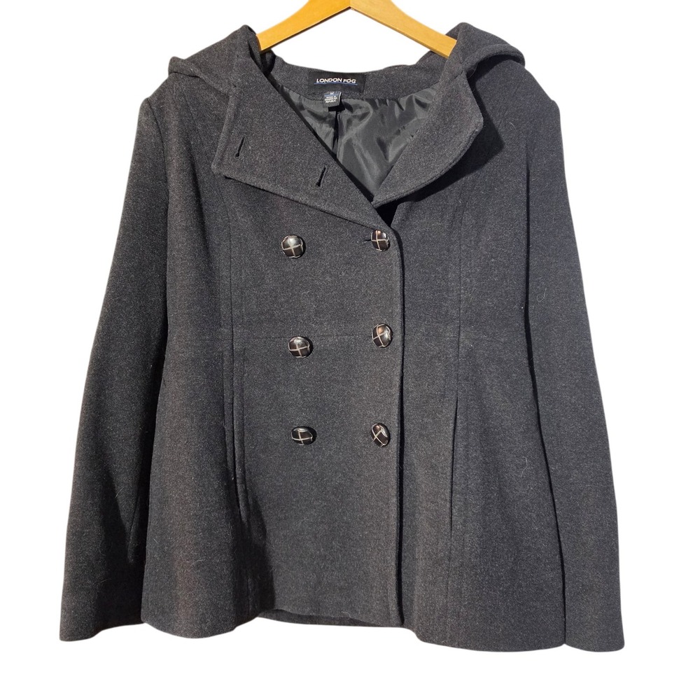 London Fog Medium Pea Coat Charcoal Grey Wool Blend Hooded Double Breasted